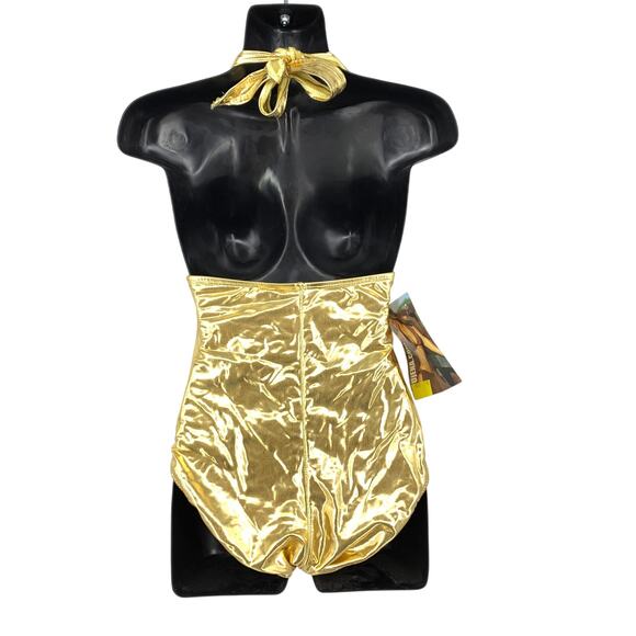 Vintage 90s Ujena Plunge Cut Halter Neck One Piece Swimsuit Sz 6 Gold Metallic - Picture 5 of 5